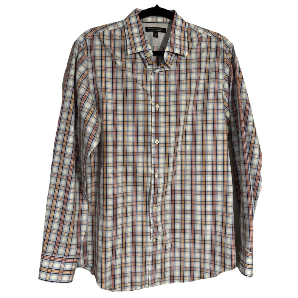 🖤Banana Republic Mens Sz M Non Iron Cotton Slim Fit Button Up Blue Orange Plaid